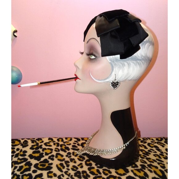 Vintage Black Velvet & Satin ILGWU Fascinator Hat Bow pinup retro rockabilly - Picture 5 of 16